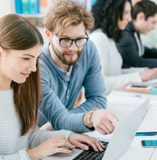 Young smiling university students at the library: they are studying together, connecting online and pointing at the laptop's screen